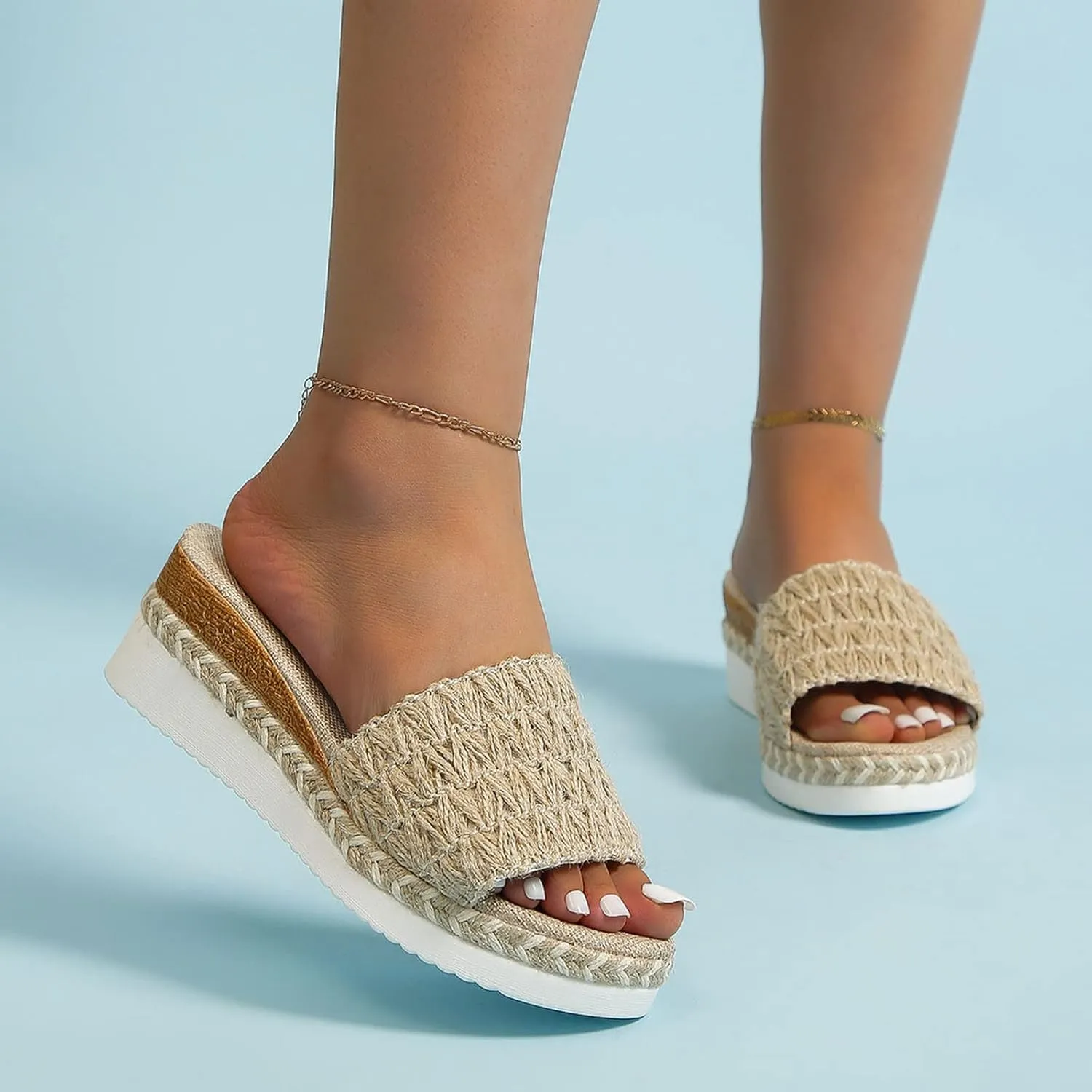 Hbeylia Orthopedic Wedge Slides for Women Platform Open Toe Slip On Jute Wrapped Flip Flops Womens Wedge Sandals Concise Casual Summer Comfortable Beach Slipper Walking Shoes