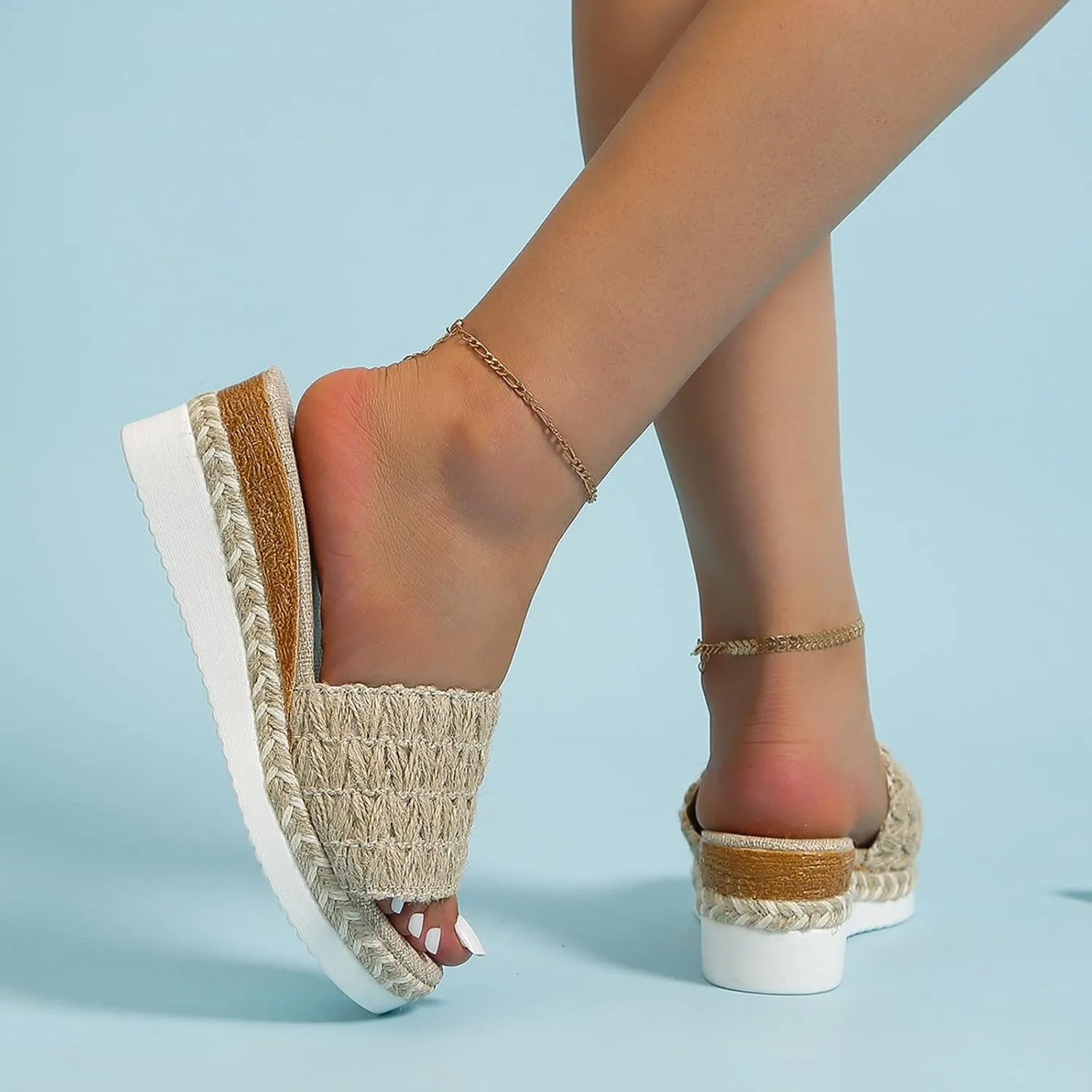 Hbeylia Orthopedic Wedge Slides for Women Platform Open Toe Slip On Jute Wrapped Flip Flops Womens Wedge Sandals Concise Casual Summer Comfortable Beach Slipper Walking Shoes