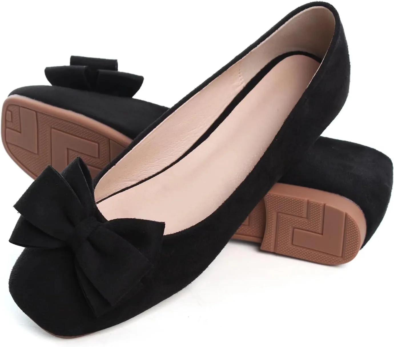 Hee grand Bow-Knot Ballet Flats Womens Square Toe Flat Shoes Suede Dress Shoes Casual Light Weight Slip-On Loafers