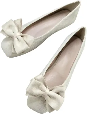 Hee grand Bow-Knot Ballet Flats Womens Square Toe Flat Shoes Suede Dress Shoes Casual Light Weight Slip-On Loafers