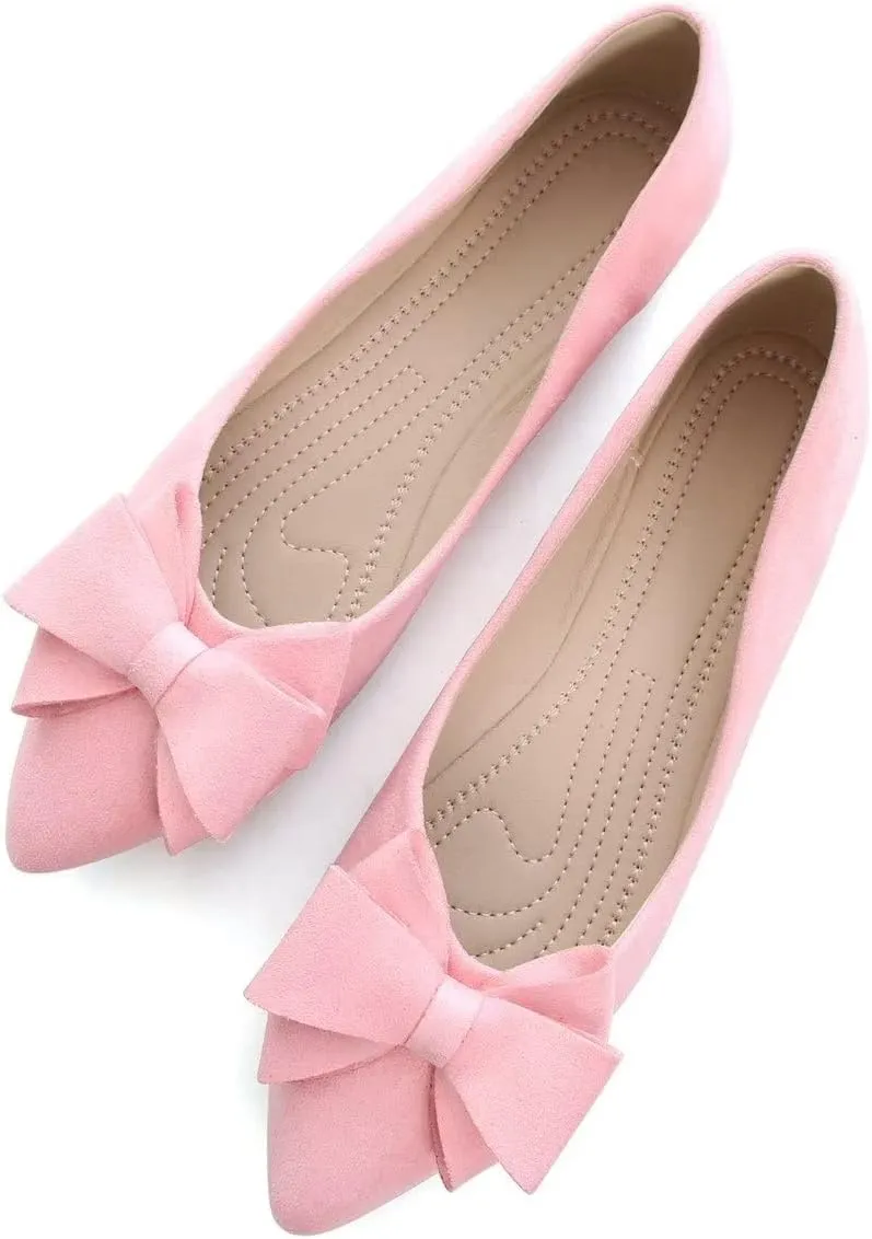 Hee grand Bowknot Flats for Women Pointed Toe Ballet Shoes Soft Slip on Loafers Suede Dress Shoes