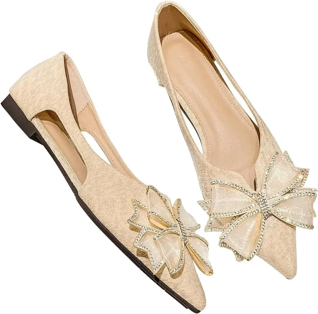 Hee grand Glitter Bow-Knot Pointed Toe Ballet Flats for Women Sparkling Crystals Fashion Wedding Dress Shoes Breathable Casual Slip On Loafers