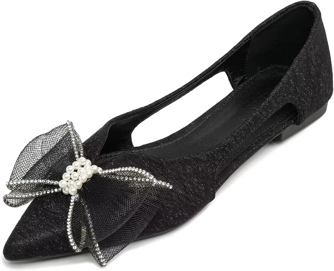 Hee grand Glitter Bow-Knot Pointed Toe Ballet Flats for Women Sparkling Crystals Fashion Wedding Dress Shoes Breathable Casual Slip On Loafers