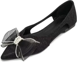 Hee grand Glitter Bow-Knot Pointed Toe Ballet Flats for Women Sparkling Crystals Fashion Wedding Dress Shoes Breathable Casual Slip On Loafers