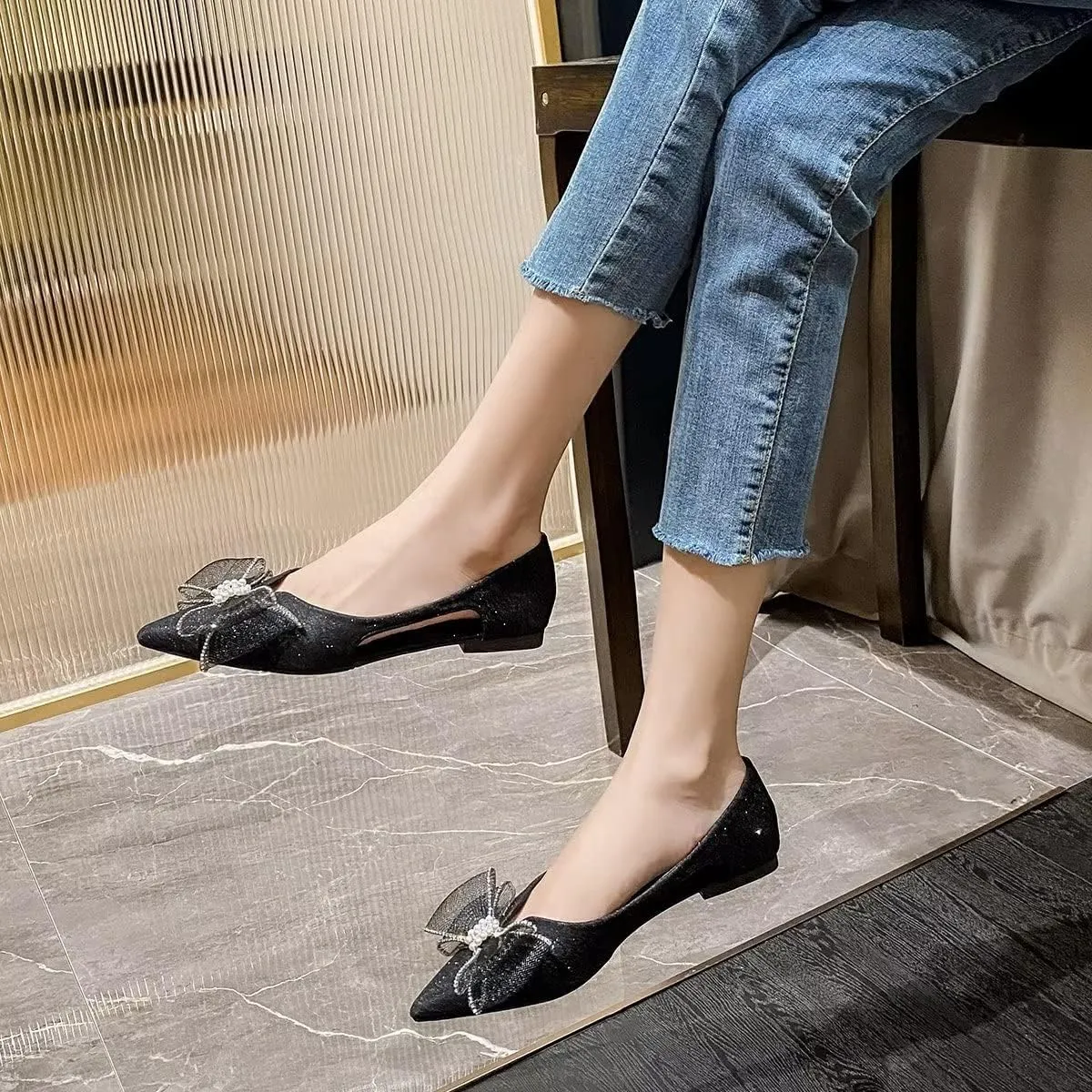 Hee grand Glitter Bow-Knot Pointed Toe Ballet Flats for Women Sparkling Crystals Fashion Wedding Dress Shoes Breathable Casual Slip On Loafers