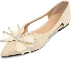 Hee grand Glitter Bow-Knot Pointed Toe Ballet Flats for Women Sparkling Crystals Fashion Wedding Dress Shoes Breathable Casual Slip On Loafers