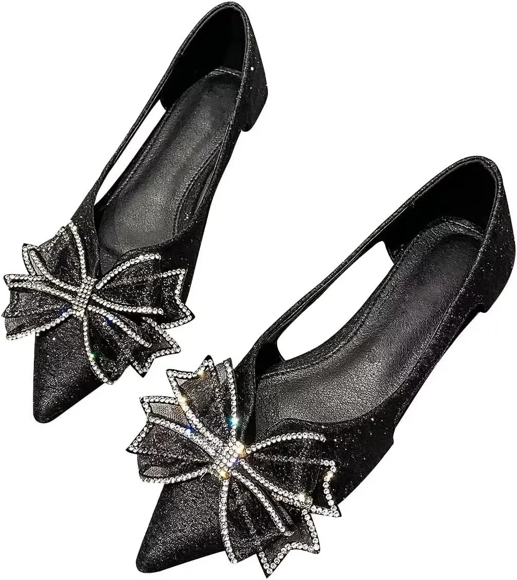 Hee grand Glitter Bow-Knot Pointed Toe Ballet Flats for Women Sparkling Crystals Fashion Wedding Dress Shoes Breathable Casual Slip On Loafers