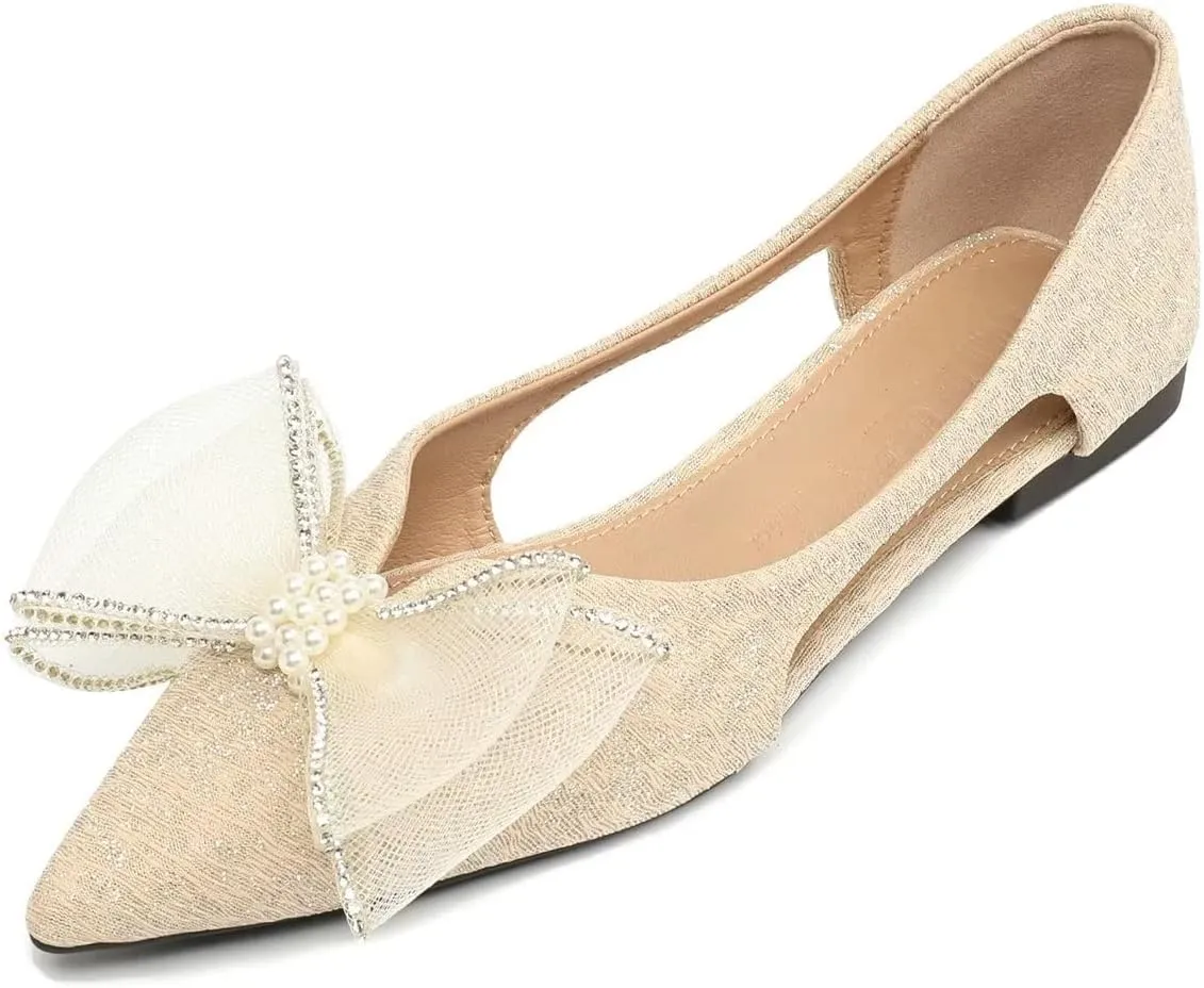 Hee grand Glitter Bow-Knot Pointed Toe Ballet Flats for Women Sparkling Crystals Fashion Wedding Dress Shoes Breathable Casual Slip On Loafers