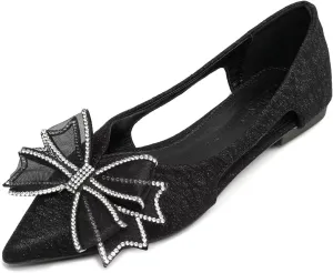 Hee grand Glitter Bow-Knot Pointed Toe Ballet Flats for Women Sparkling Crystals Fashion Wedding Dress Shoes Breathable Casual Slip On Loafers