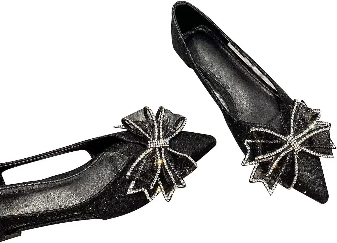 Hee grand Glitter Bow-Knot Pointed Toe Ballet Flats for Women Sparkling Crystals Fashion Wedding Dress Shoes Breathable Casual Slip On Loafers