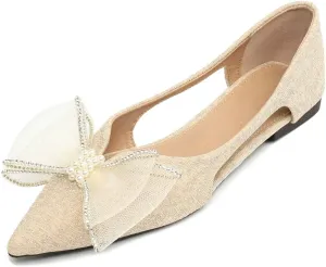 Hee grand Glitter Bow-Knot Pointed Toe Ballet Flats for Women Sparkling Crystals Fashion Wedding Dress Shoes Breathable Casual Slip On Loafers