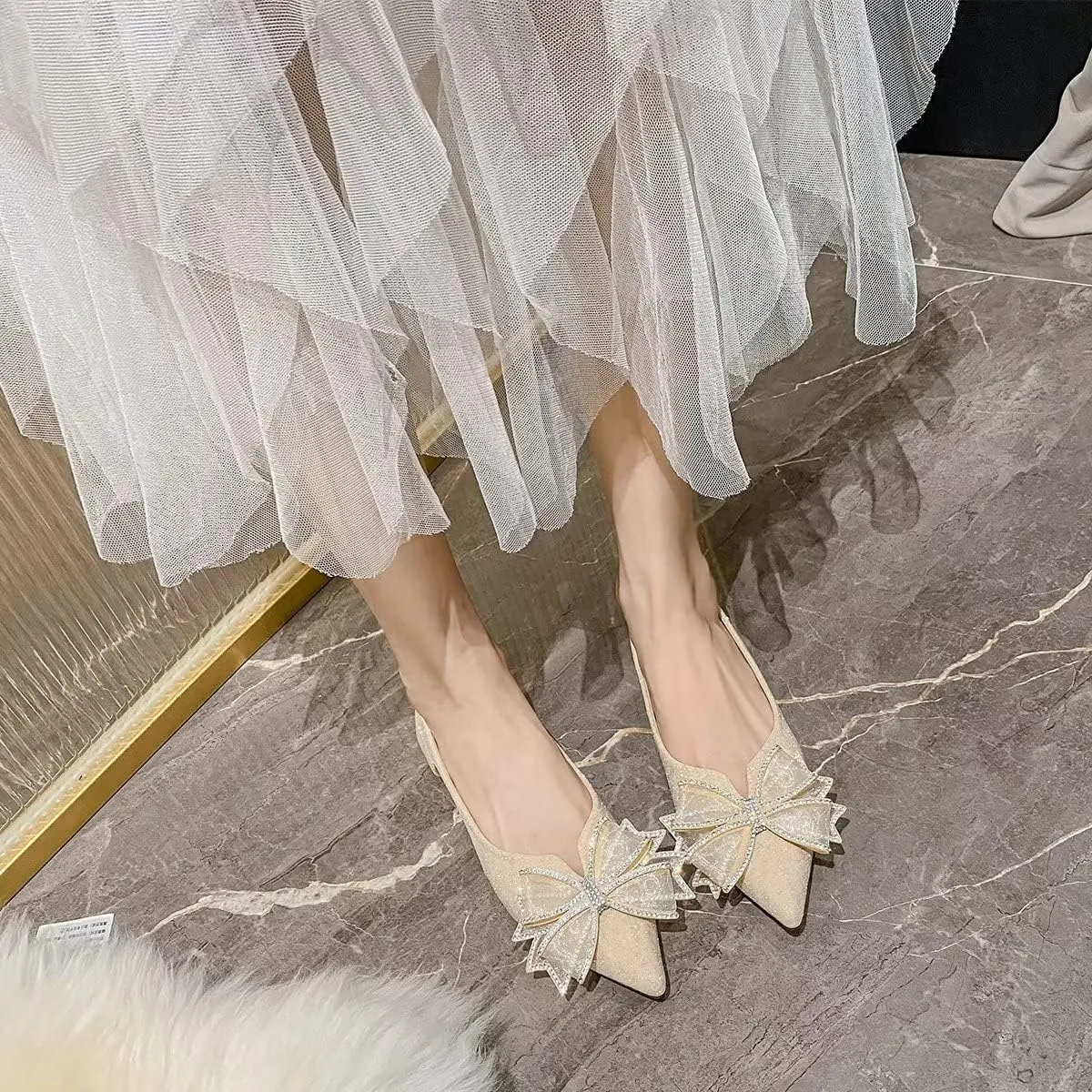 Hee grand Glitter Bow-Knot Pointed Toe Ballet Flats for Women Sparkling Crystals Fashion Wedding Dress Shoes Breathable Casual Slip On Loafers