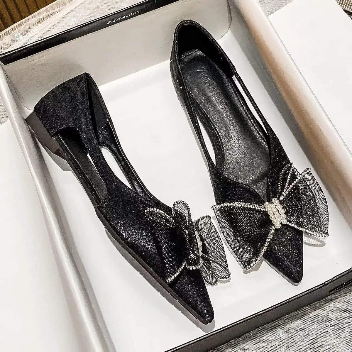 Hee grand Glitter Bow-Knot Pointed Toe Ballet Flats for Women Sparkling Crystals Fashion Wedding Dress Shoes Breathable Casual Slip On Loafers