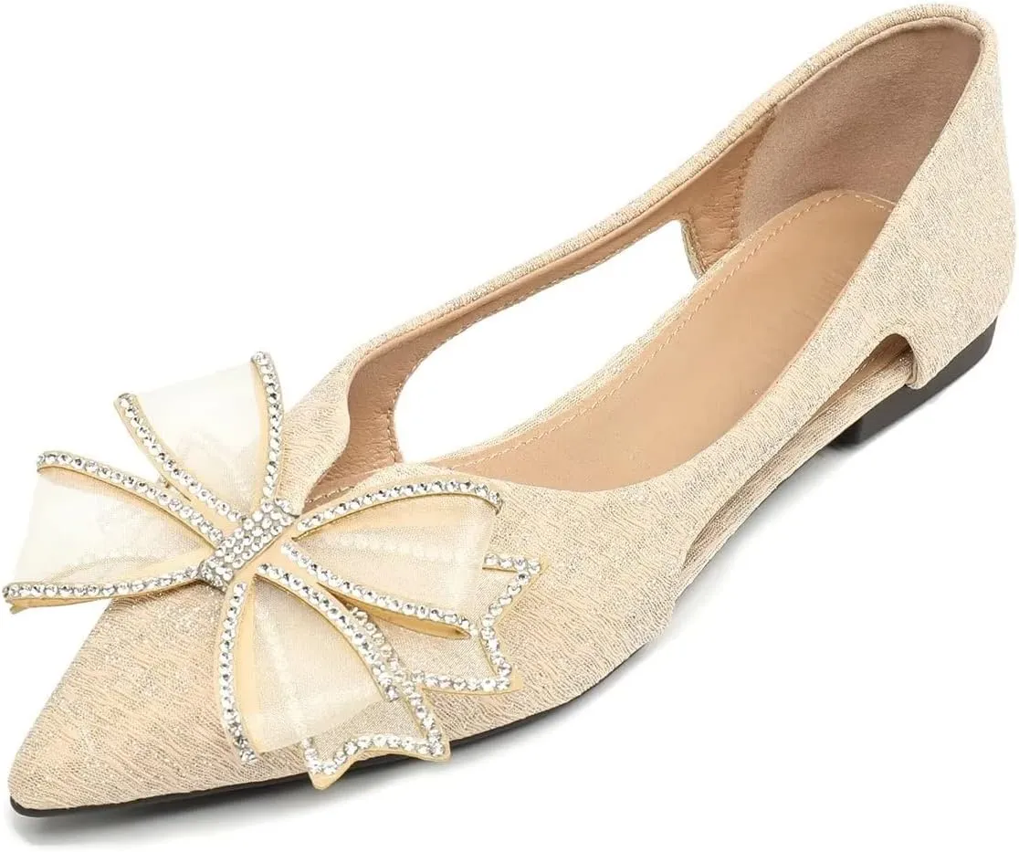 Hee grand Glitter Bow-Knot Pointed Toe Ballet Flats for Women Sparkling Crystals Fashion Wedding Dress Shoes Breathable Casual Slip On Loafers