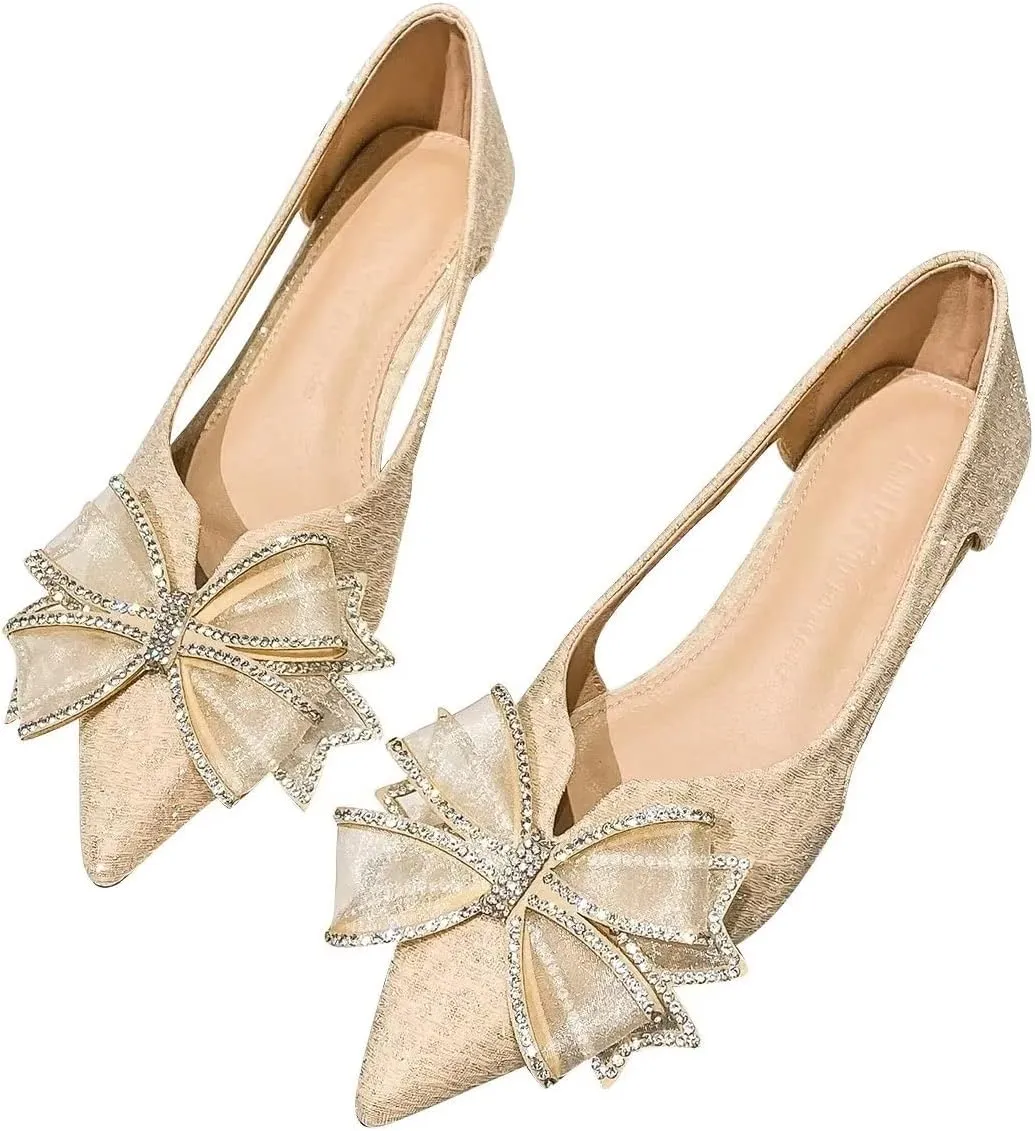Hee grand Glitter Bow-Knot Pointed Toe Ballet Flats for Women Sparkling Crystals Fashion Wedding Dress Shoes Breathable Casual Slip On Loafers