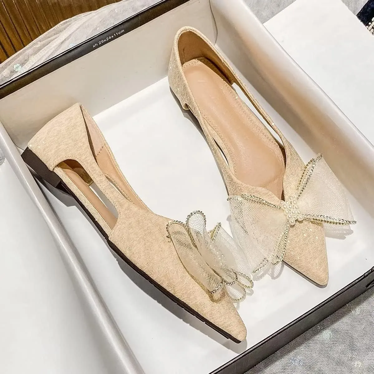 Hee grand Glitter Bow-Knot Pointed Toe Ballet Flats for Women Sparkling Crystals Fashion Wedding Dress Shoes Breathable Casual Slip On Loafers