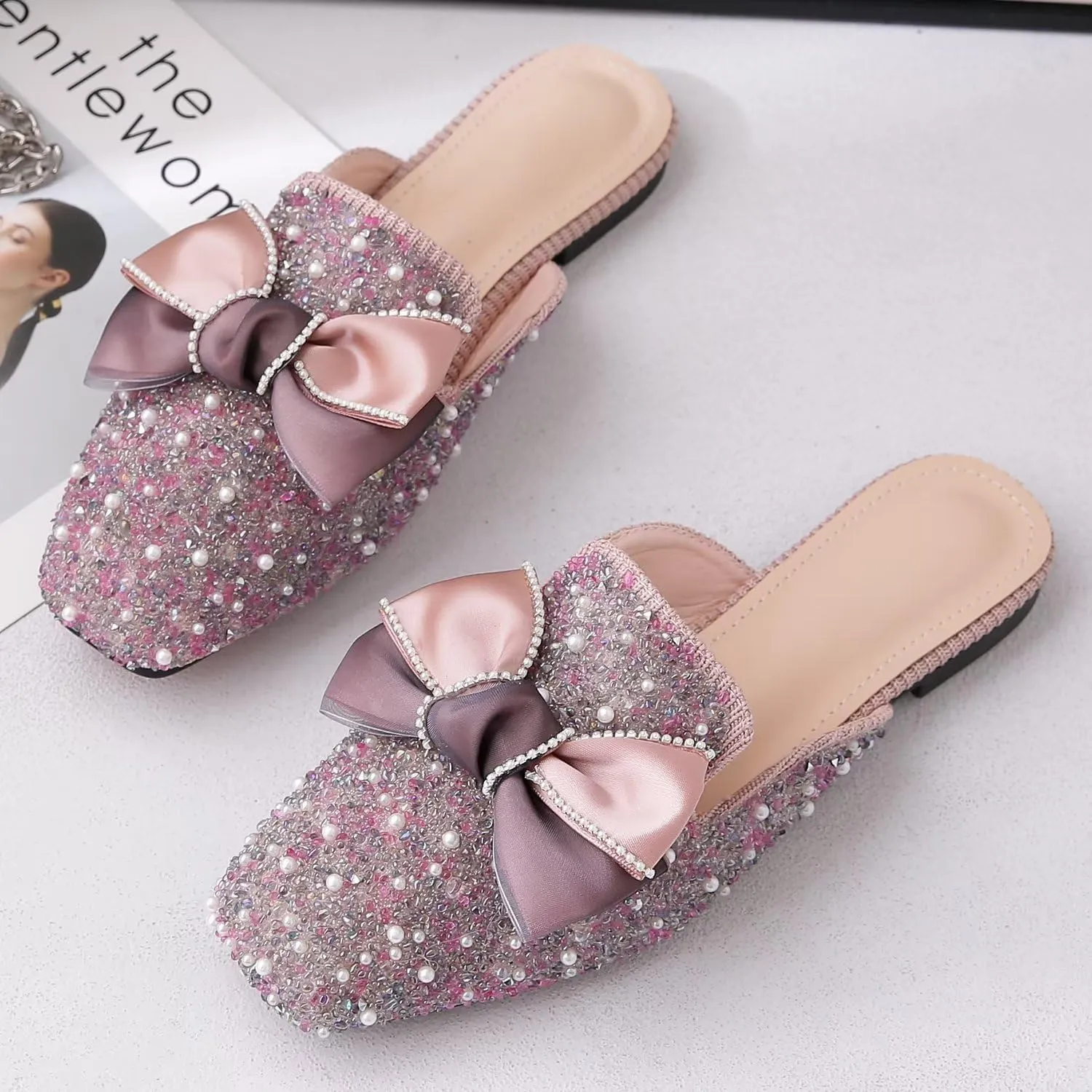 Hee grand Women Mules Bow-Knot Closed Square Toe Mules Fashion Rhinestones Flat Slippers Slip On Loafers Casual Flat Shoes