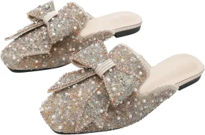 Hee grand Women Mules Bow-Knot Closed Square Toe Mules Fashion Rhinestones Flat Slippers Slip On Loafers Casual Flat Shoes