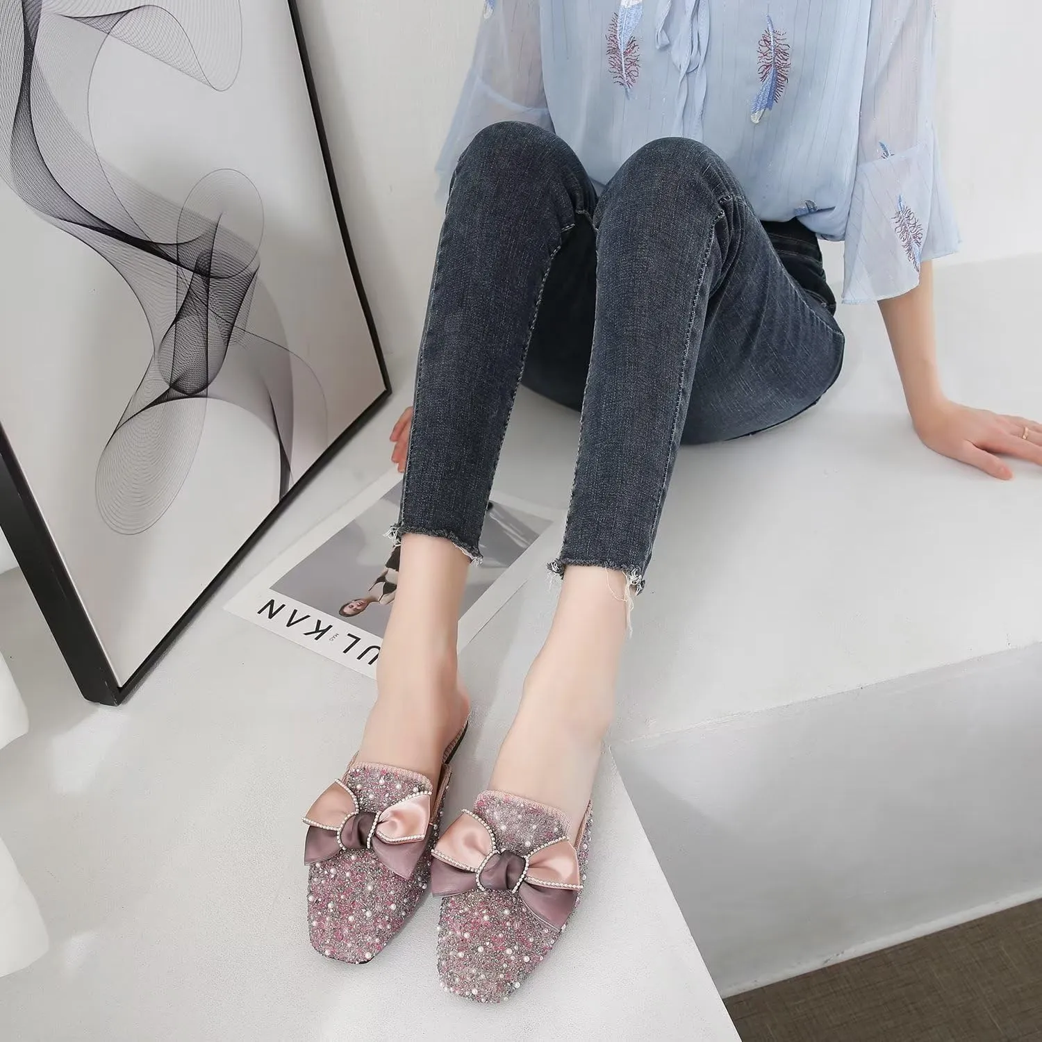 Hee grand Women Mules Bow-Knot Closed Square Toe Mules Fashion Rhinestones Flat Slippers Slip On Loafers Casual Flat Shoes