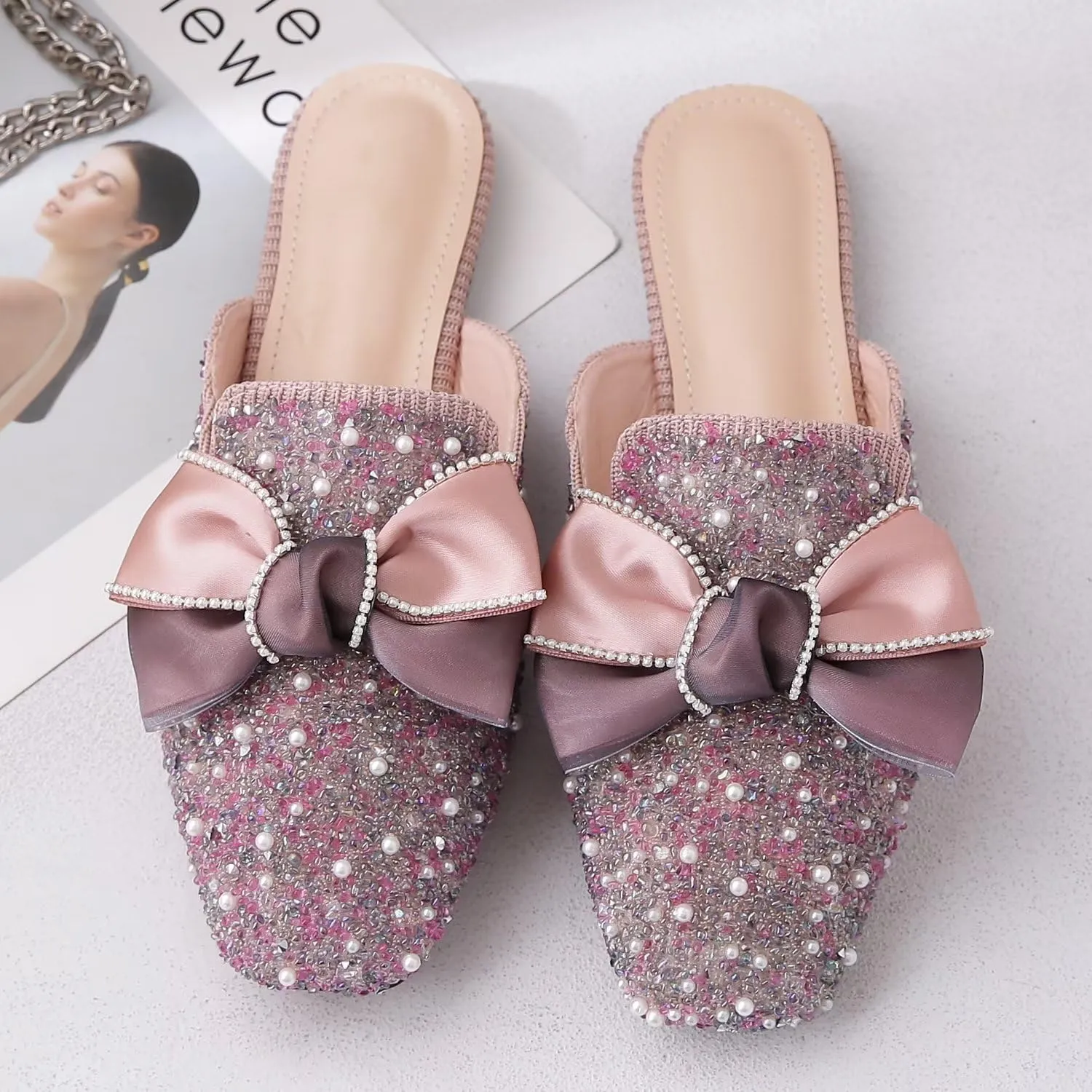 Hee grand Women Mules Bow-Knot Closed Square Toe Mules Fashion Rhinestones Flat Slippers Slip On Loafers Casual Flat Shoes
