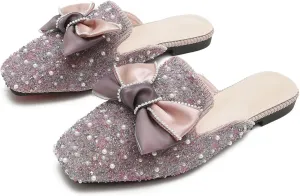 Hee grand Women Mules Bow-Knot Closed Square Toe Mules Fashion Rhinestones Flat Slippers Slip On Loafers Casual Flat Shoes