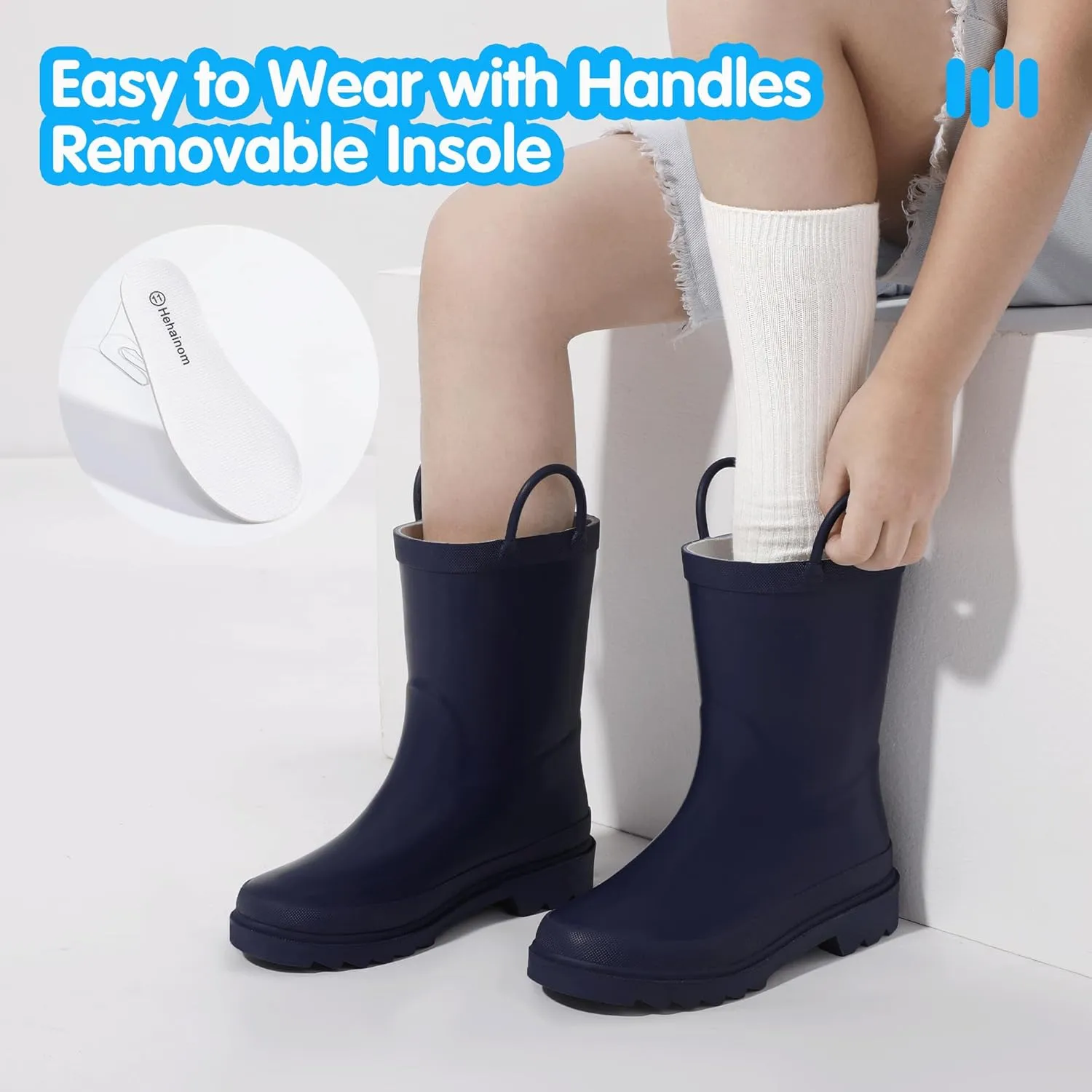 Hehainom Toddler Kids Rain Boots for Boys Girls Waterproof Easy-on Handles Rainboots