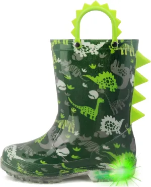 HugRain Toddler Boys Adorable Dinosaur Light Up Rain Boots