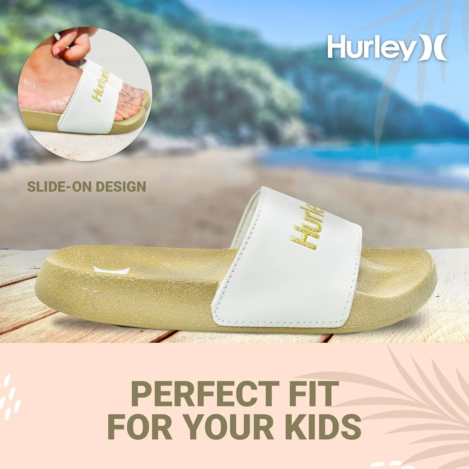 Hurley Naia Comfortable Slip-On Kids Sandals, Cute Girls' Slides for Indoor and Outdoor, Shower Slides for The Beach and Pool