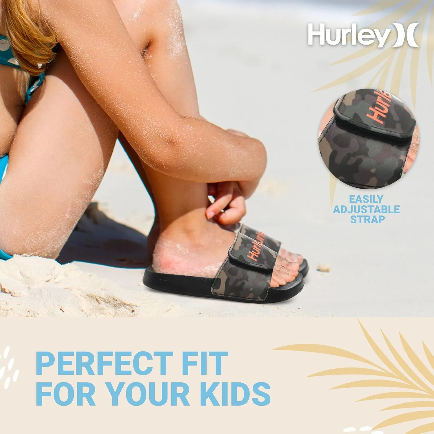 Hurley Naia Slides for Girls and Boys - Comfortable Slip-On Kids Sandals with Adjustable Strap, Unisex Slides for Indoor and Outdoor, Adjustable Sporty Slides for The Beach and Pool