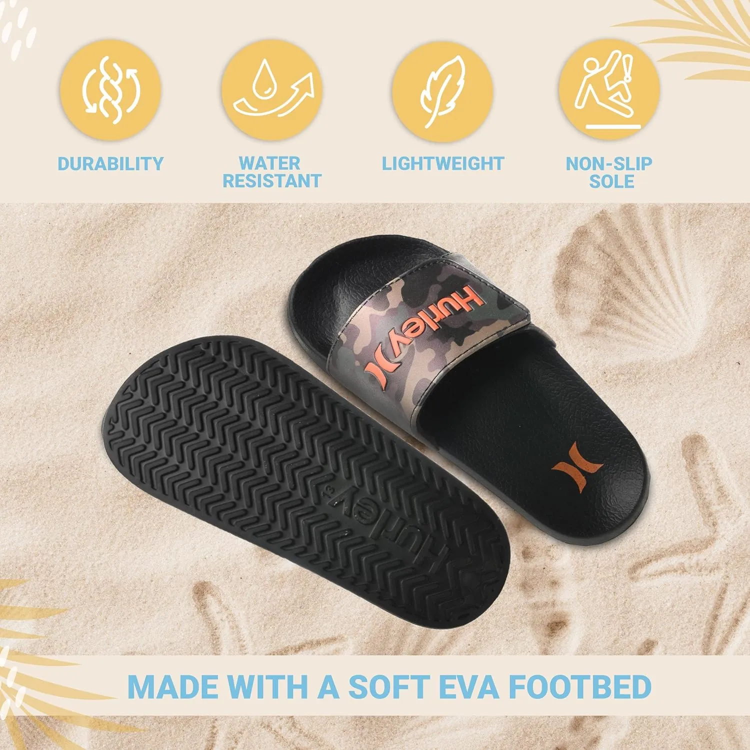Hurley Naia Slides for Girls and Boys - Comfortable Slip-On Kids Sandals with Adjustable Strap, Unisex Slides for Indoor and Outdoor, Adjustable Sporty Slides for The Beach and Pool