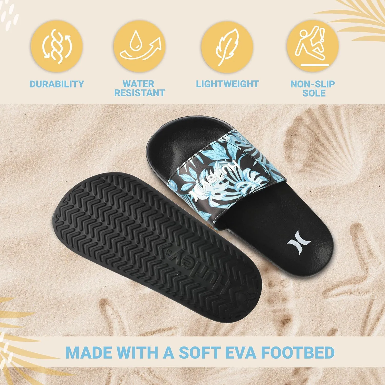 Hurley Naia Slides for Girls and Boys - Comfortable Slip-On Kids Sandals with Adjustable Strap, Unisex Slides for Indoor and Outdoor, Adjustable Sporty Slides for The Beach and Pool