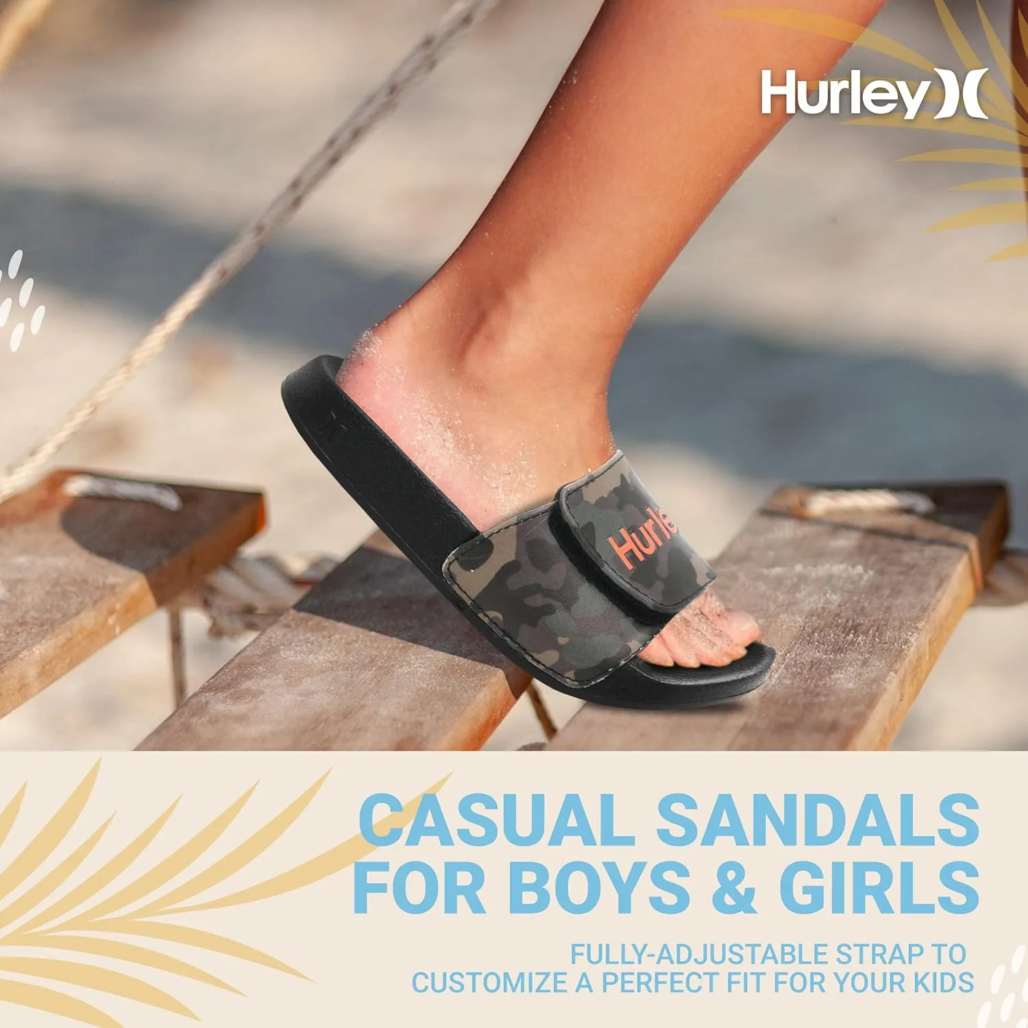 Hurley Naia Slides for Girls and Boys - Comfortable Slip-On Kids Sandals with Adjustable Strap, Unisex Slides for Indoor and Outdoor, Adjustable Sporty Slides for The Beach and Pool