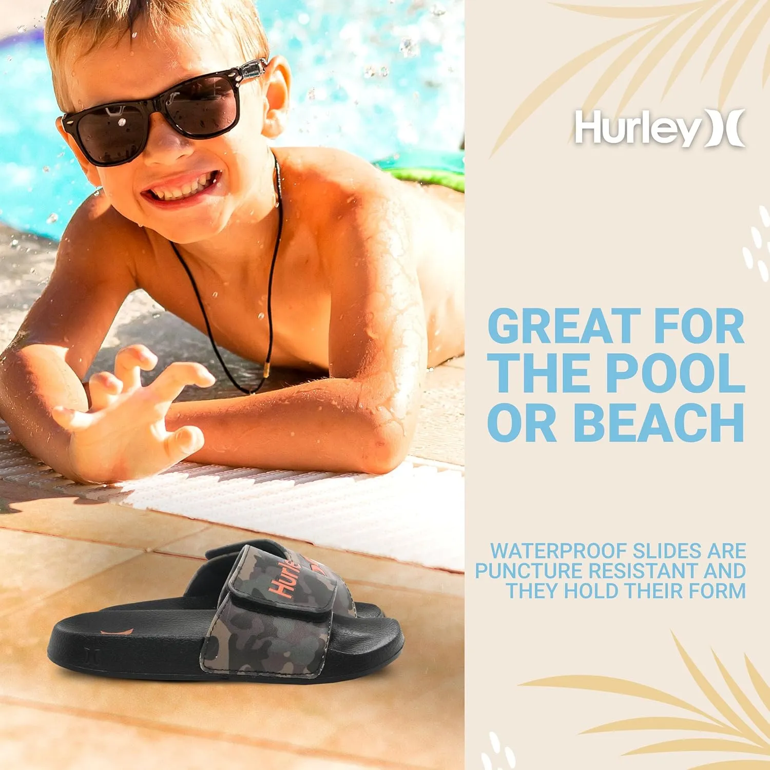 Hurley Naia Slides for Girls and Boys - Comfortable Slip-On Kids Sandals with Adjustable Strap, Unisex Slides for Indoor and Outdoor, Adjustable Sporty Slides for The Beach and Pool