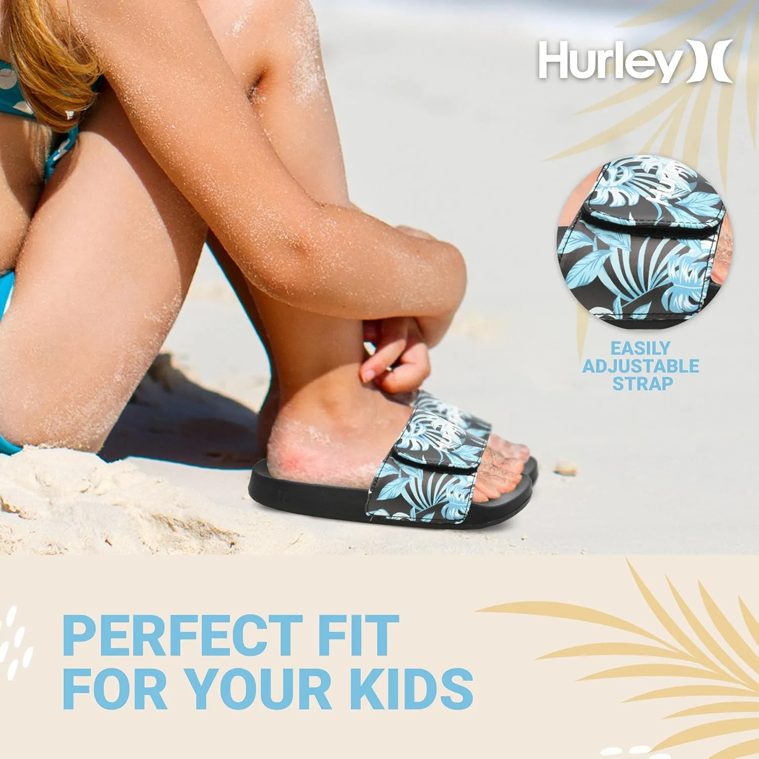 Hurley Naia Slides for Girls and Boys - Comfortable Slip-On Kids Sandals with Adjustable Strap, Unisex Slides for Indoor and Outdoor, Adjustable Sporty Slides for The Beach and Pool