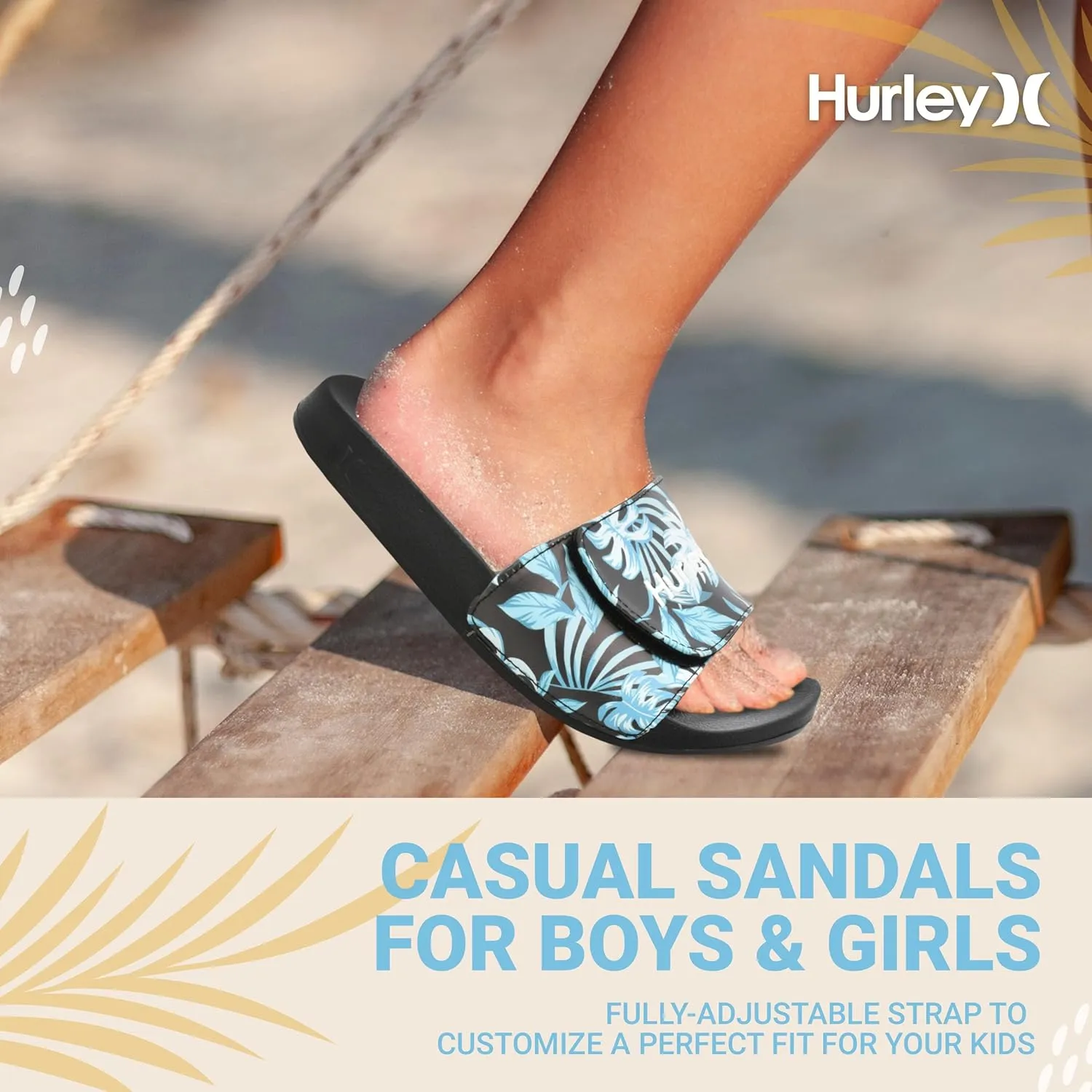 Hurley Naia Slides for Girls and Boys - Comfortable Slip-On Kids Sandals with Adjustable Strap, Unisex Slides for Indoor and Outdoor, Adjustable Sporty Slides for The Beach and Pool