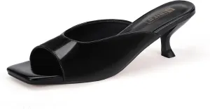 IDIFU IN2 Women's Kitten Heels Open Square Toe Low Heels Sexy Slip On Slide Heeled Sandals Comfortable Wedding Bridal Party Prom Dress Sandals Office Casual Summer Short Mule Heels