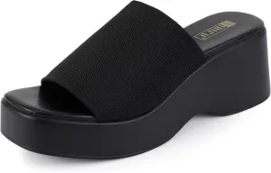 IDIFU IN3 Platform Sandals Womens Wedges Sandals Comfortable Cute Square Open Toe Slides Sandals Lightweight Slip On Chunky Wedges Heels Sandals Dressy Casual Summer Beach Walking Sandals Shoes