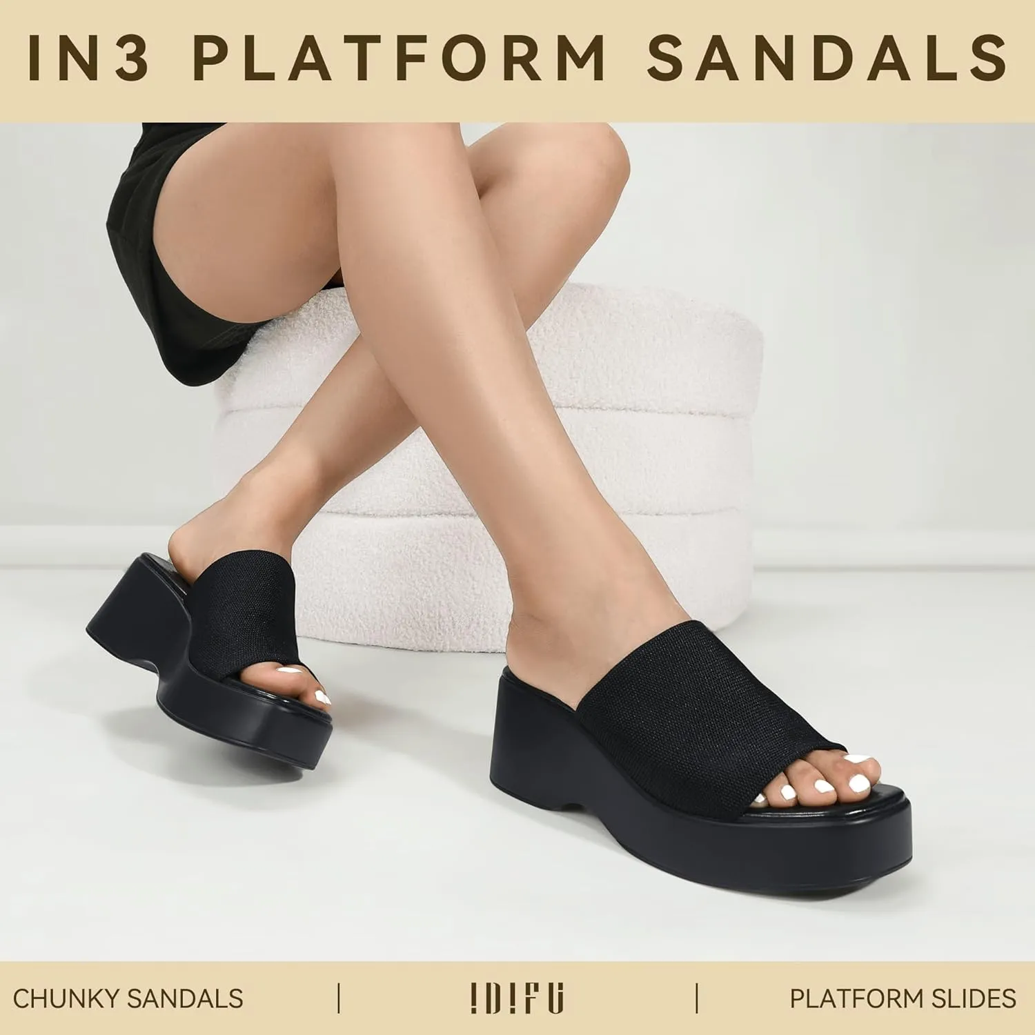 IDIFU IN3 Platform Sandals Womens Wedges Sandals Comfortable Cute Square Open Toe Slides Sandals Lightweight Slip On Chunky Wedges Heels Sandals Dressy Casual Summer Beach Walking Sandals Shoes