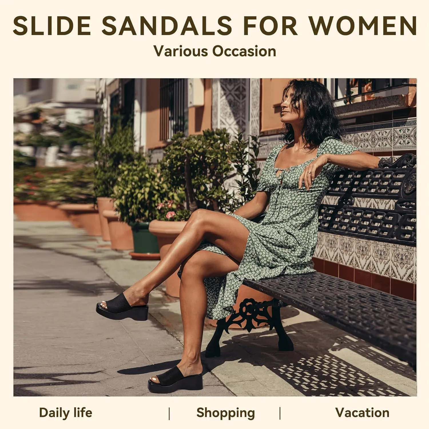 IDIFU IN3 Platform Sandals Womens Wedges Sandals Comfortable Cute Square Open Toe Slides Sandals Lightweight Slip On Chunky Wedges Heels Sandals Dressy Casual Summer Beach Walking Sandals Shoes