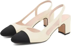 JANSEVEN Slingback Shoes For Women Heels Chunky Pumps Block Heel Two Straps Heeled Sandals Almond Cap Toe Pump Splicing Two Tone Dress Office Shoes