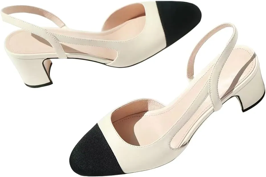 JANSEVEN Slingback Shoes For Women Heels Chunky Pumps Block Heel Two Straps Heeled Sandals Almond Cap Toe Pump Splicing Two Tone Dress Office Shoes