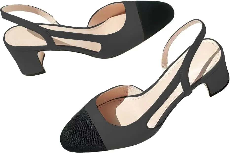 JANSEVEN Slingback Shoes For Women Heels Chunky Pumps Block Heel Two Straps Heeled Sandals Almond Cap Toe Pump Splicing Two Tone Dress Office Shoes