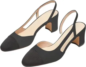 JANSEVEN Slingback Shoes For Women Heels Chunky Pumps Block Heel Two Straps Heeled Sandals Almond Cap Toe Pump Splicing Two Tone Dress Office Shoes