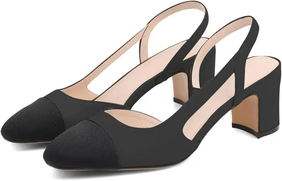JANSEVEN Slingback Shoes For Women Heels Chunky Pumps Block Heel Two Straps Heeled Sandals Almond Cap Toe Pump Splicing Two Tone Dress Office Shoes