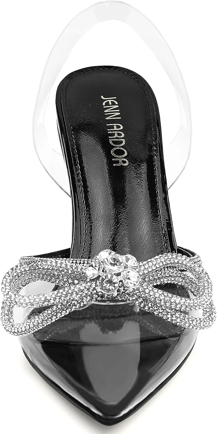 JENN ARDOR Slingback Heels for Women Low Heels Dress Shoes Bow Kitten Pumps Rhinestone Dressy Heeled Sandals