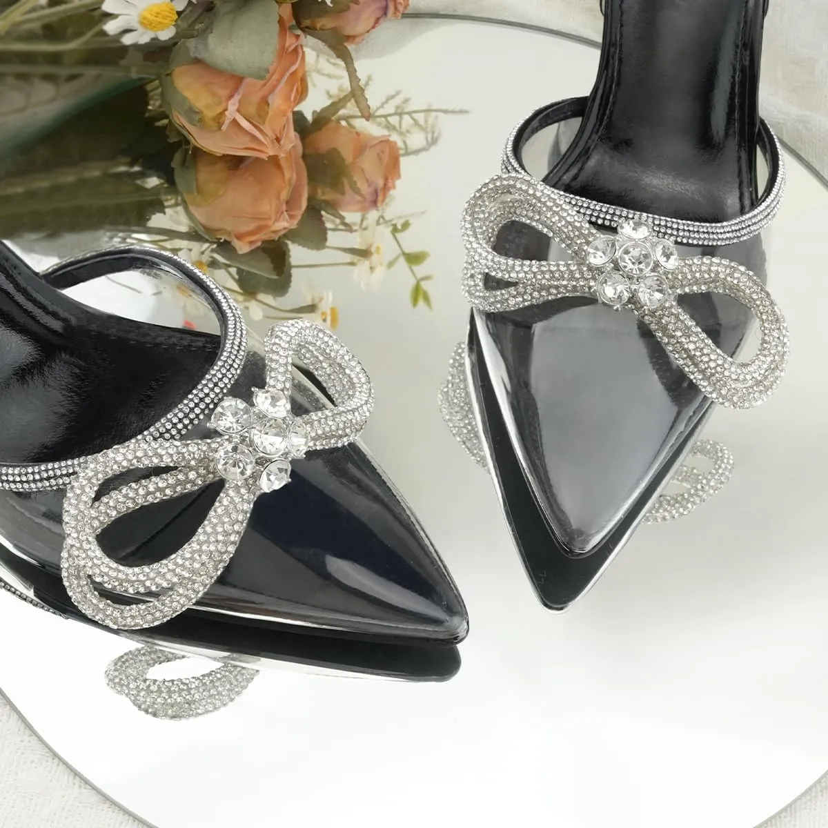 JENN ARDOR Slingback Heels for Women Low Heels Dress Shoes Bow Kitten Pumps Rhinestone Dressy Heeled Sandals