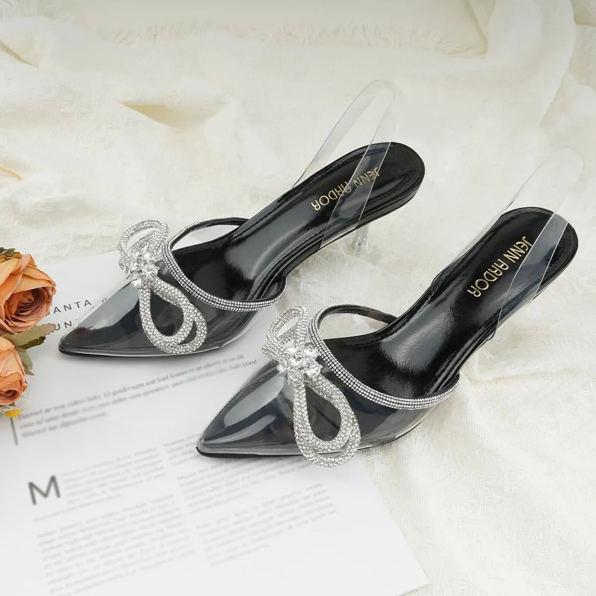 JENN ARDOR Slingback Heels for Women Low Heels Dress Shoes Bow Kitten Pumps Rhinestone Dressy Heeled Sandals