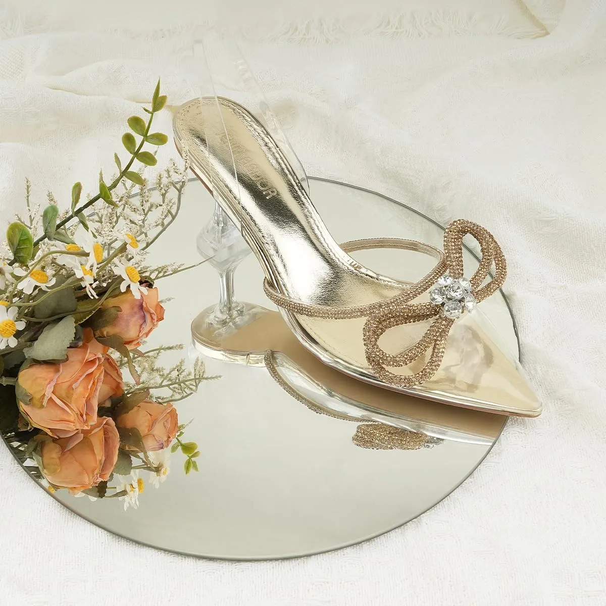 JENN ARDOR Slingback Heels for Women Low Heels Dress Shoes Bow Kitten Pumps Rhinestone Dressy Heeled Sandals