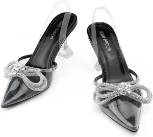 JENN ARDOR Slingback Heels for Women Low Heels Dress Shoes Bow Kitten Pumps Rhinestone Dressy Heeled Sandals