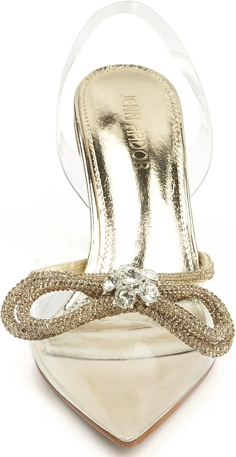JENN ARDOR Slingback Heels for Women Low Heels Dress Shoes Bow Kitten Pumps Rhinestone Dressy Heeled Sandals